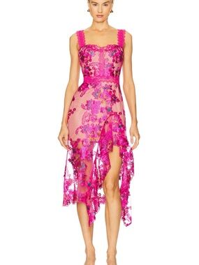 Bronx and Banco Vibrant Hot Pink Floral Lace High-Low Dress